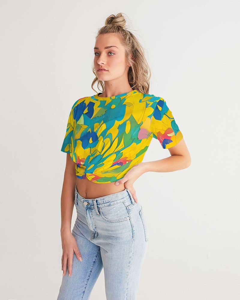 Beautiful yellow and blue hint of red pattern Women's Twist-Front Cropped Tee