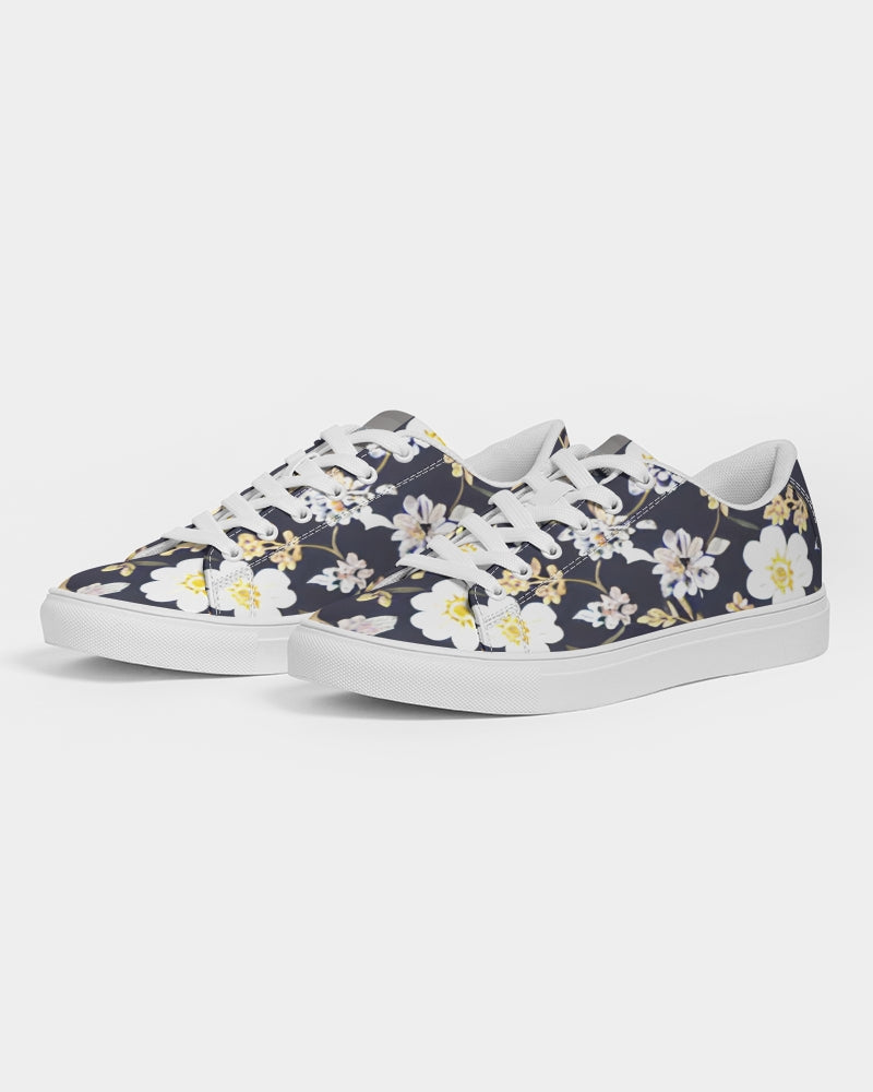 Pink flower black background Women's Faux-Leather Sneaker