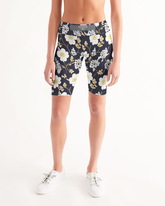 Pink flower black background Women's All-Over Print Mid-Rise Bike Shorts