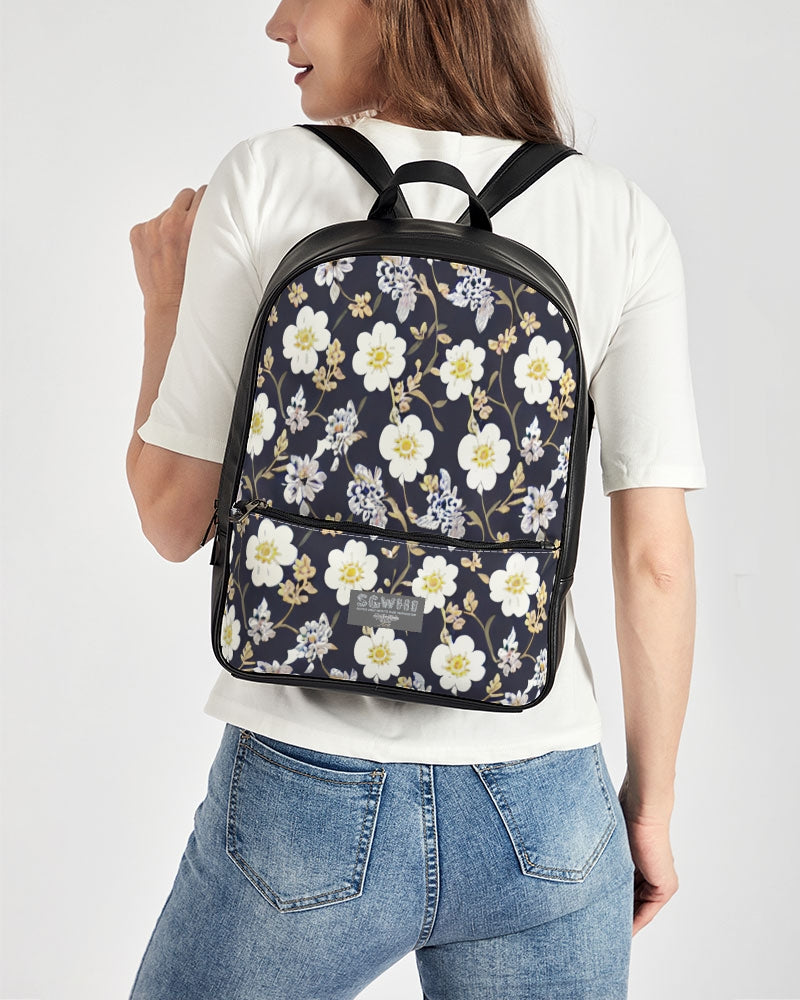 Pink flower black background Classic Faux Leather Backpack