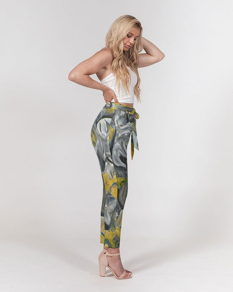 Orange and yellow and grey abstract design of Roses Women's Belted Tapered Pants