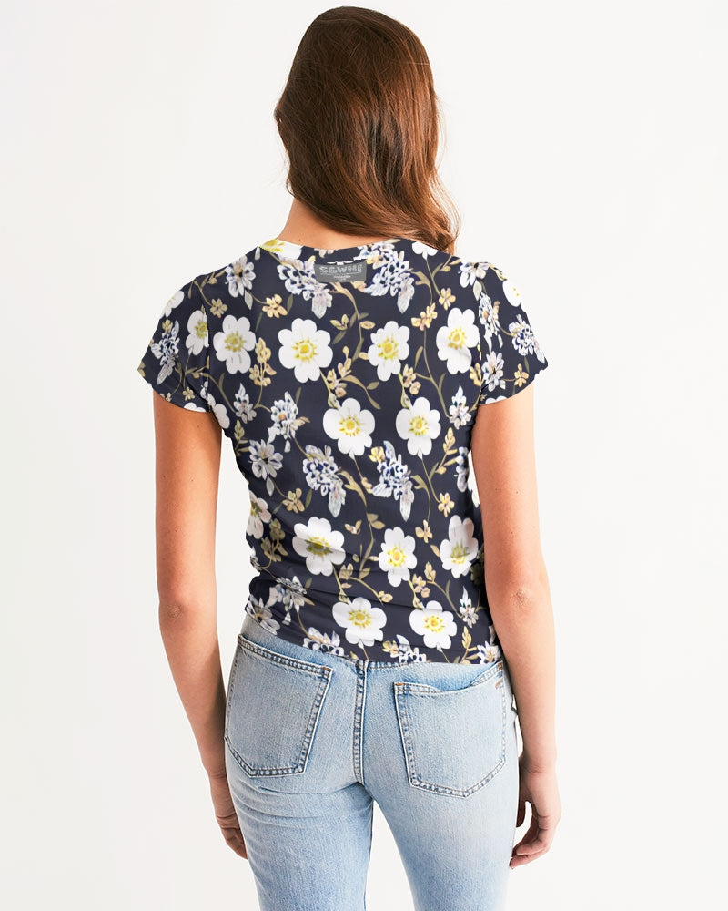 Pink flower black background Women's All-Over Print Tee