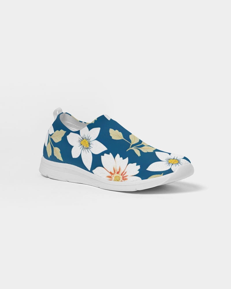 Dark blue background and white flower pattern Women's Slip-On Flyknit Shoe