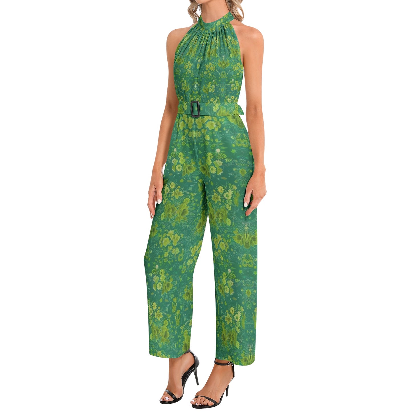 Silver grey white hair inspiration Halter Neck Buckle Belted Jumpsuit