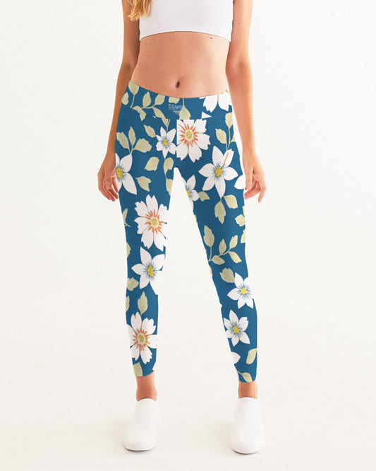 Dark blue background and white flower pattern Women's All-Over Print Yoga Pants