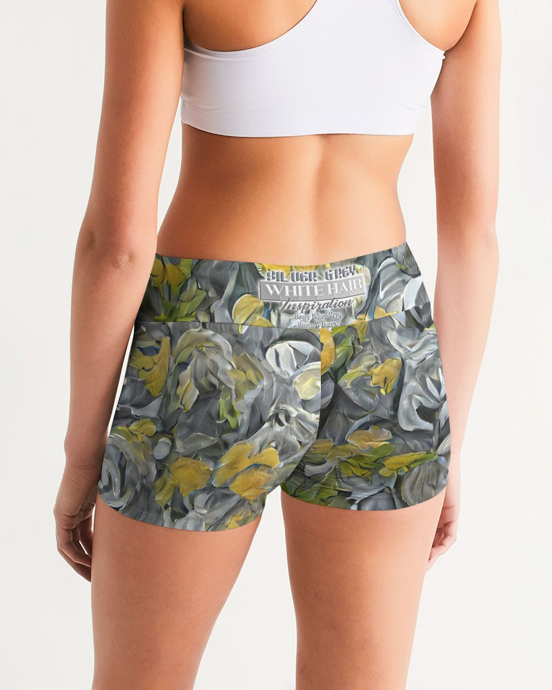 Yellow and grey abstract rose with high up title Women's Mid-Rise Yoga Shorts