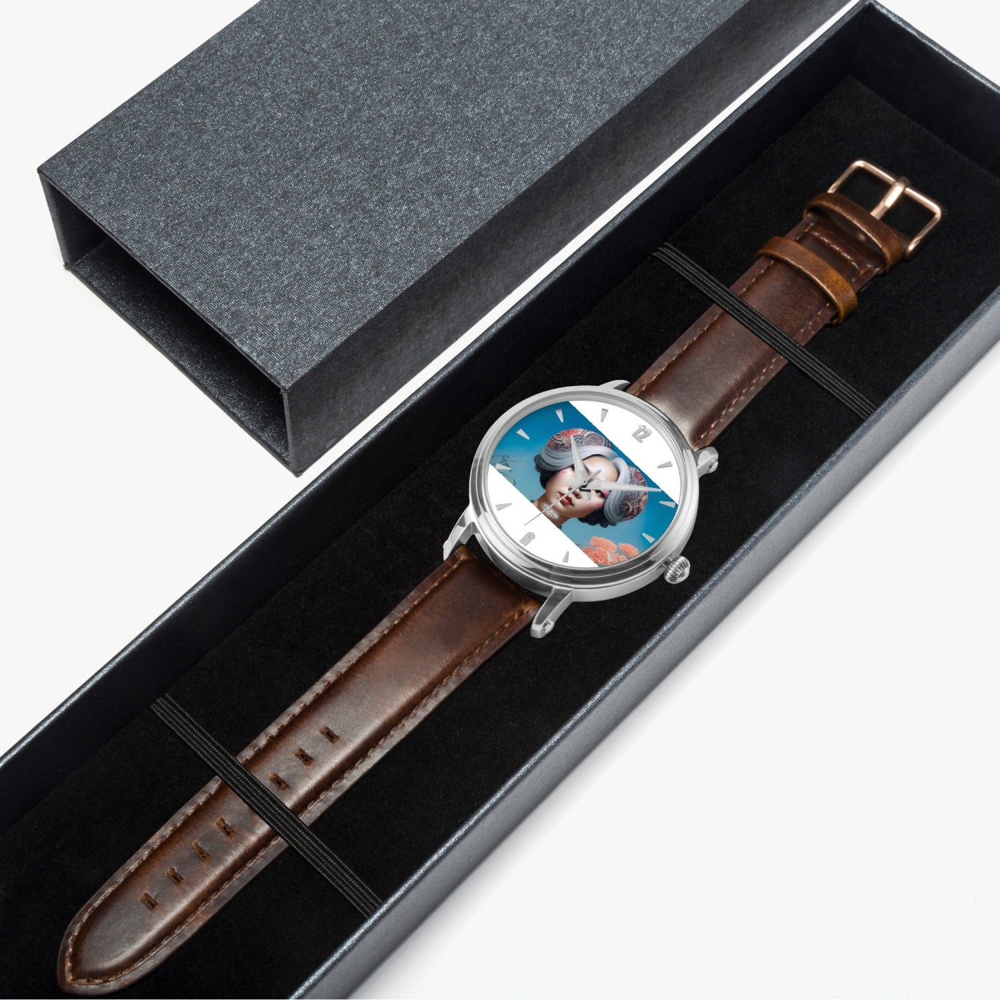 Asian woman clock face Silver grey white hair inspiration 46mm Unisex Automatic Watch (Silver)