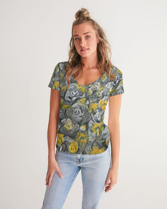 Orange and yellow and grey abstract design of Roses Women's V-Neck Tee