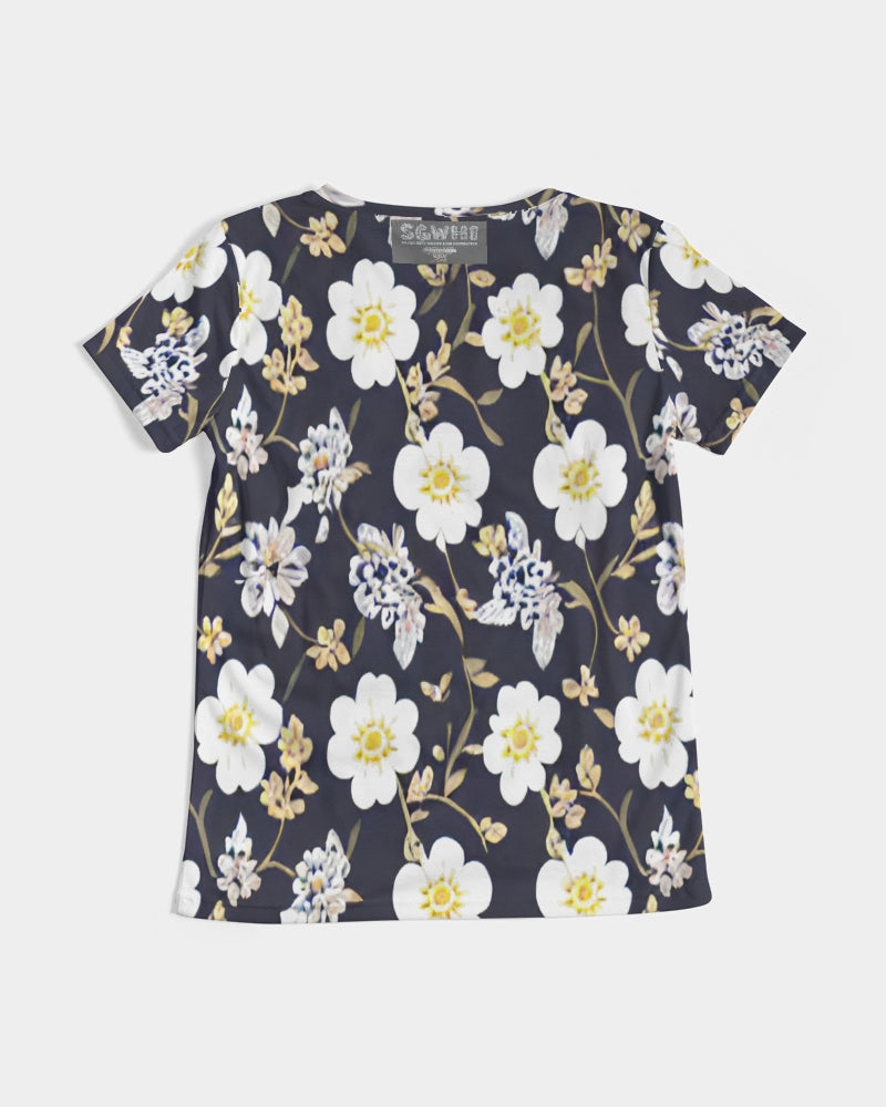 Pink flower black background Women's All-Over Print V-Neck Tee