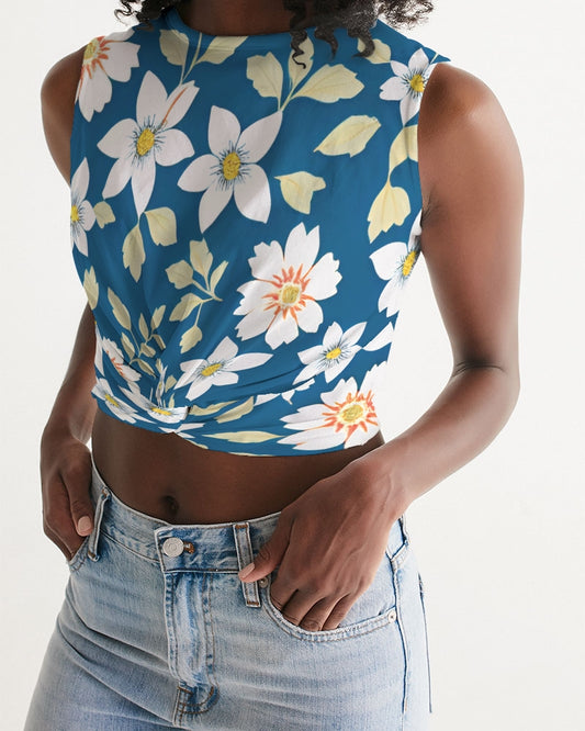 Dark blue background and white flower pattern Women's  All-Over Print Twist-Front Tank