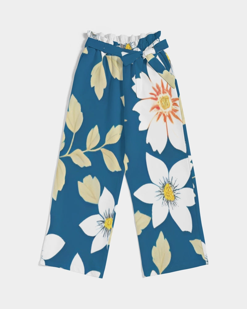 Dark blue background and white flower pattern Women's All-Over Print High-Rise Wide Leg Pants