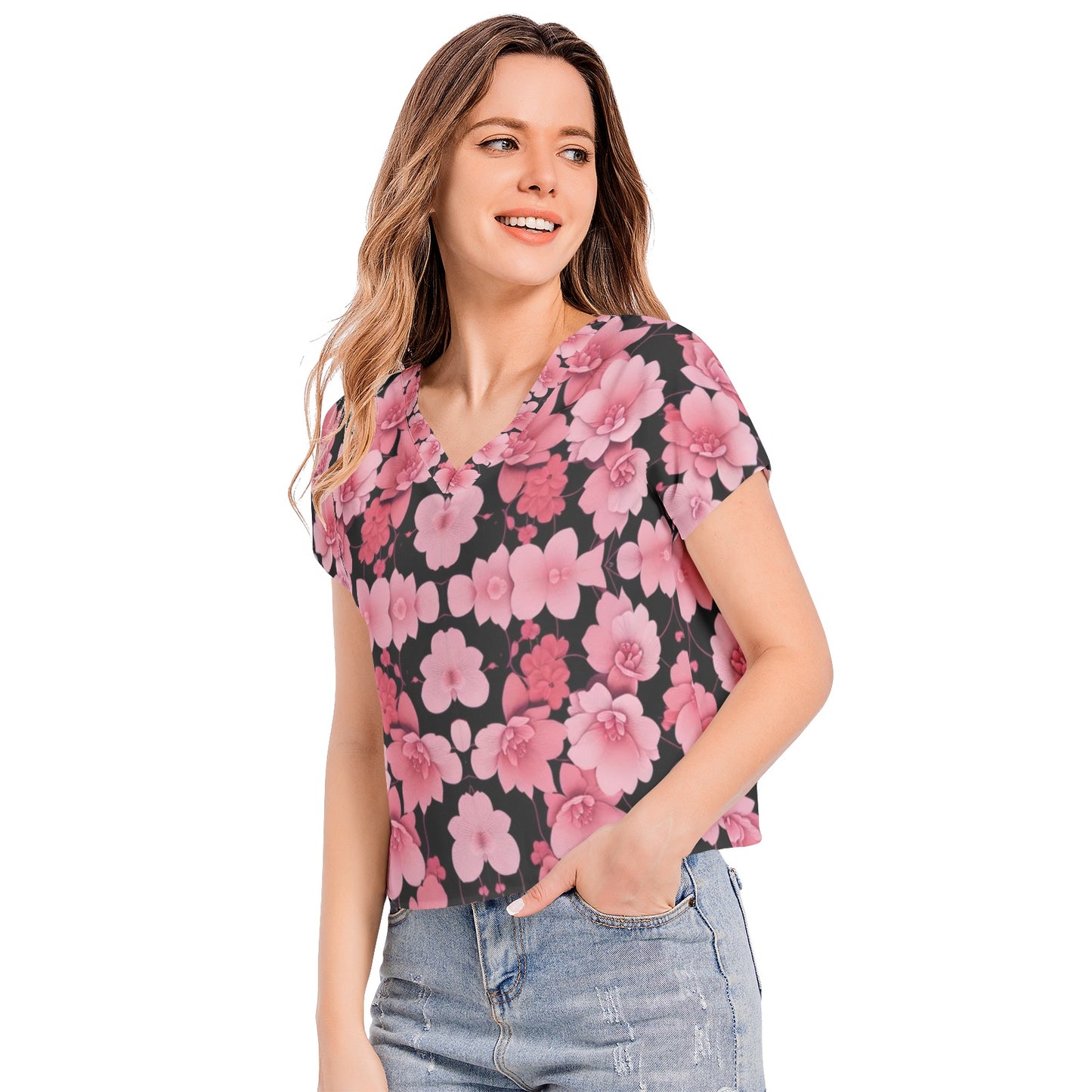 Silver grey white hair inspiration Sleeve V-Neck pink flower Top