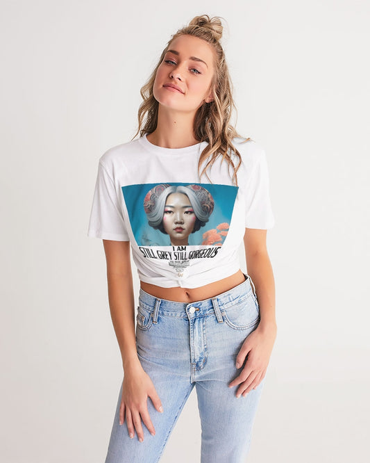 Promoting Asian women with silver grey Women's Twist-Front Cropped Tee