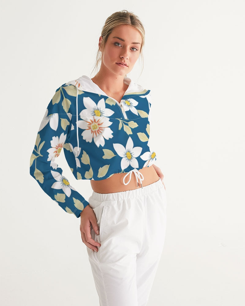 Dark blue background and white flower pattern Women's All-Over Print Cropped Windbreaker