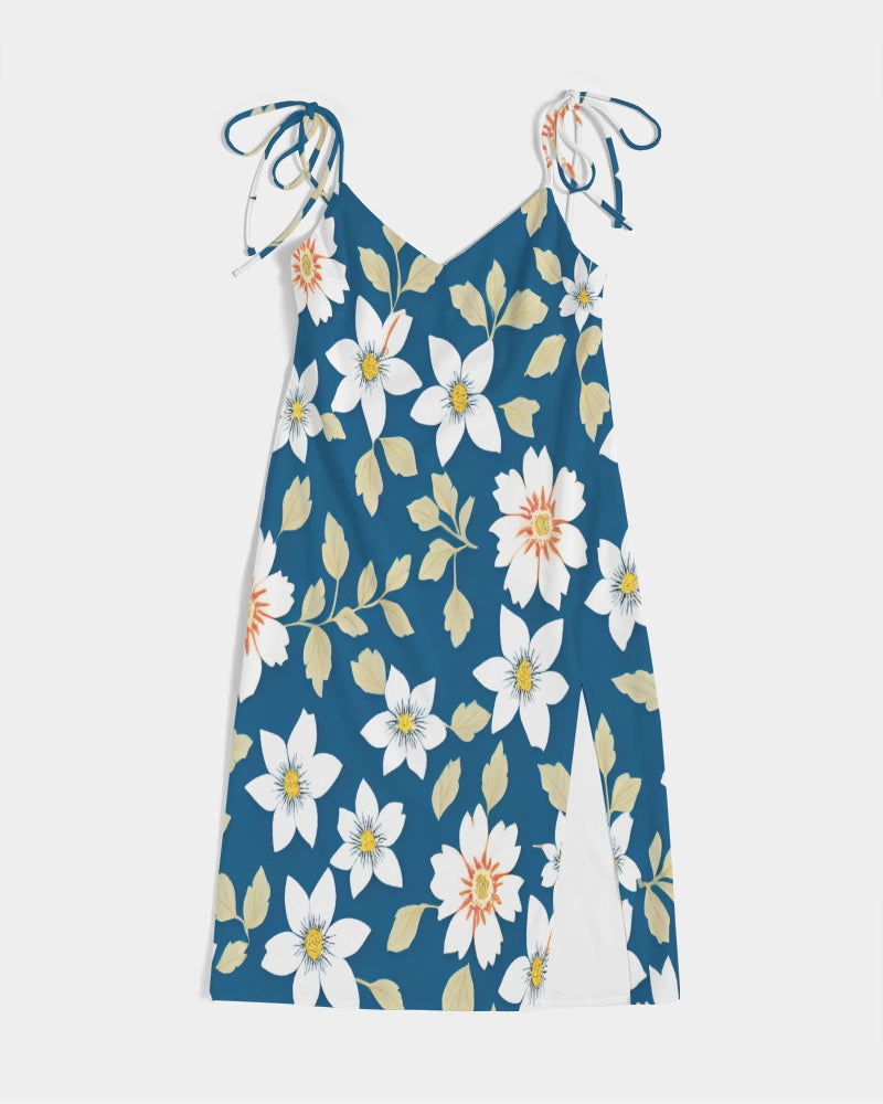 Dark blue background and white flower pattern Women's All-Over Print Tie Strap Split Dress