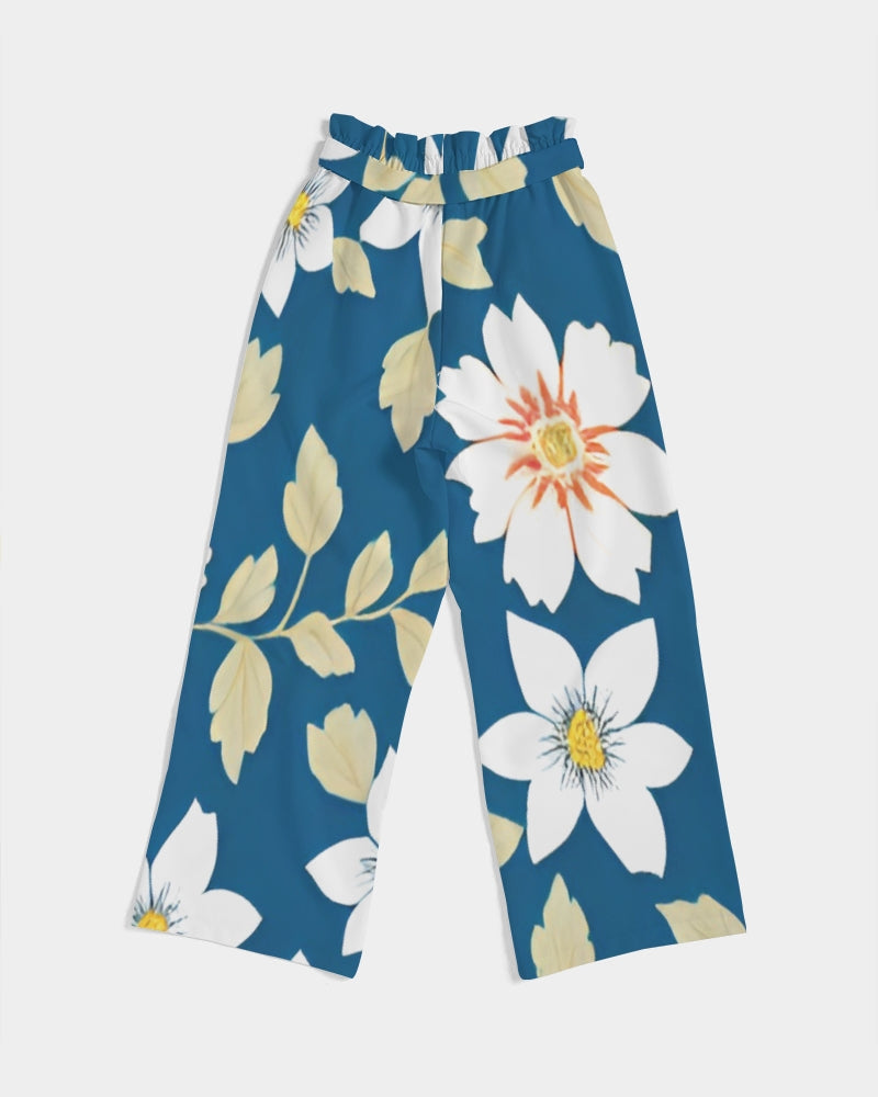 Dark blue background and white flower pattern Women's All-Over Print High-Rise Wide Leg Pants