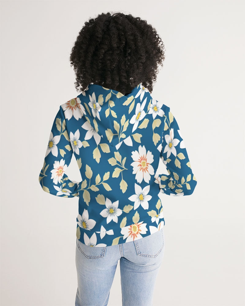 Dark blue background and white flower pattern Women's All-Over Print Hoodie