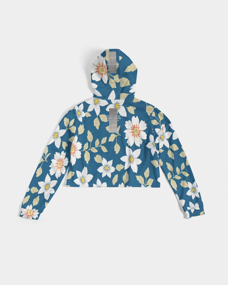 Dark blue background and white flower pattern Women's All-Over Print Cropped Hoodie