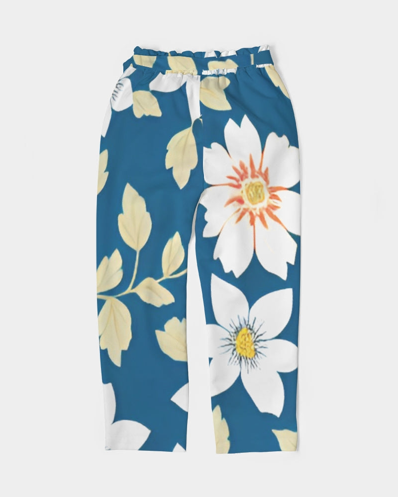 Dark blue background and white flower pattern Women's All-Over Print Belted Tapered Pants