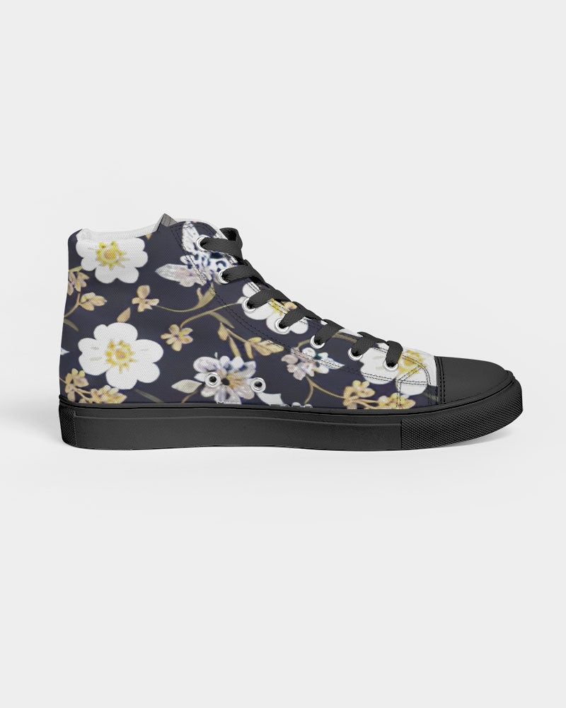 Pink flower black background Women's Hightop Canvas Shoe - Black