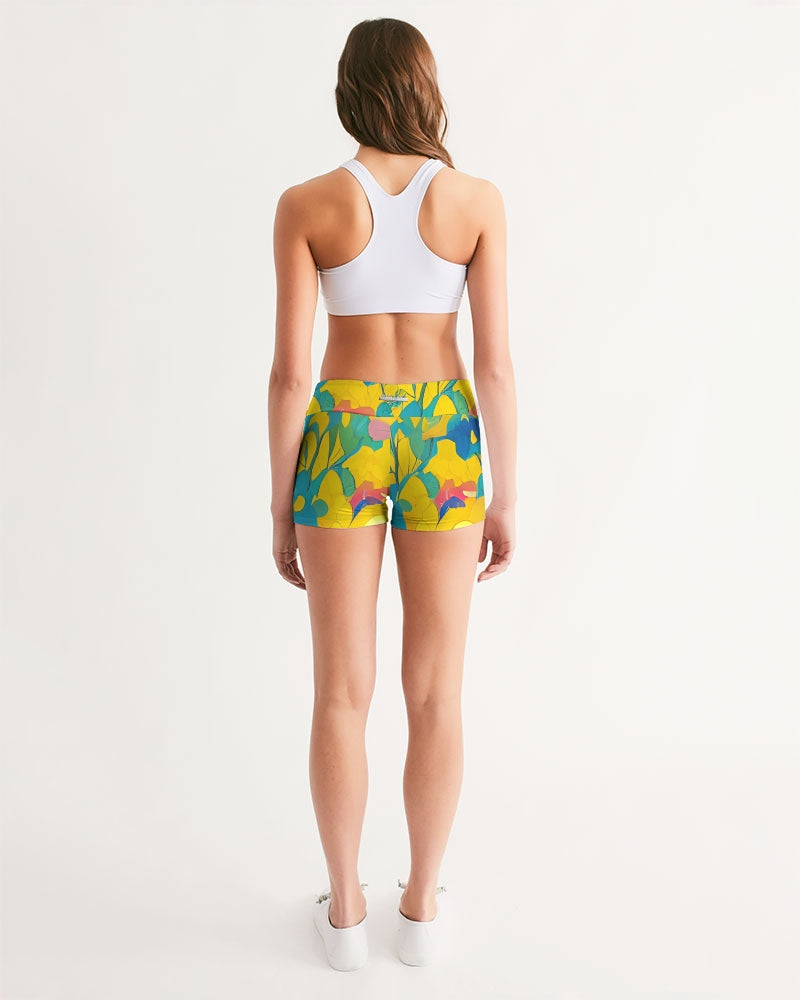 Beautiful yellow and blue hint of red pattern Women's Mid-Rise Yoga Shorts