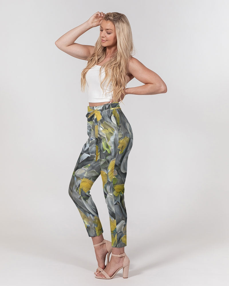 Orange and yellow and grey abstract design of Roses Women's Belted Tapered Pants