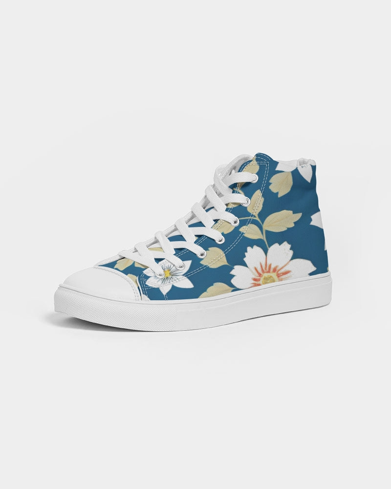 Dark blue background and white flower pattern Women's Hightop Canvas Shoe