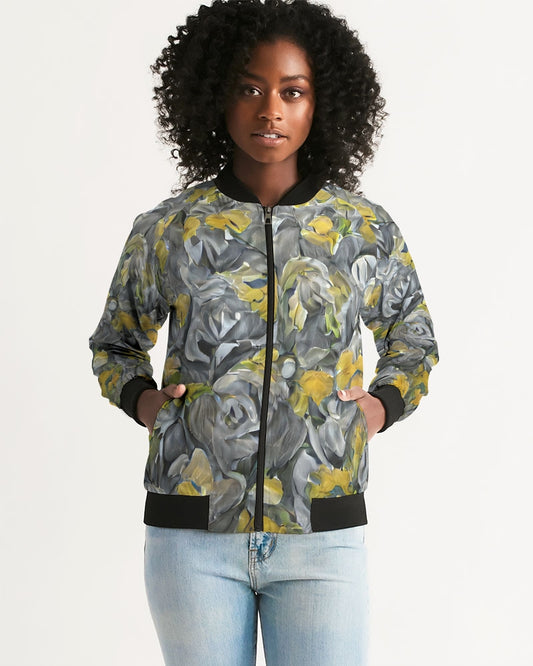 Orange and yellow and grey abstract design of Roses Women's Bomber Jacket