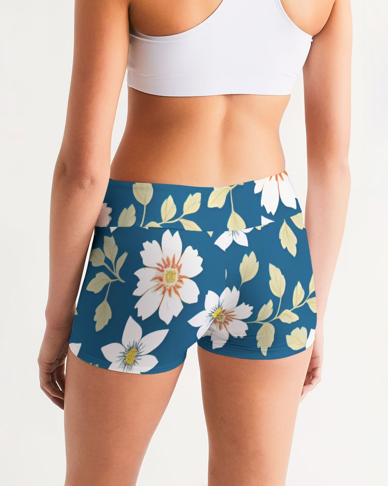 Dark blue background and white flower pattern Women's All-Over Print Mid-Rise Yoga Shorts