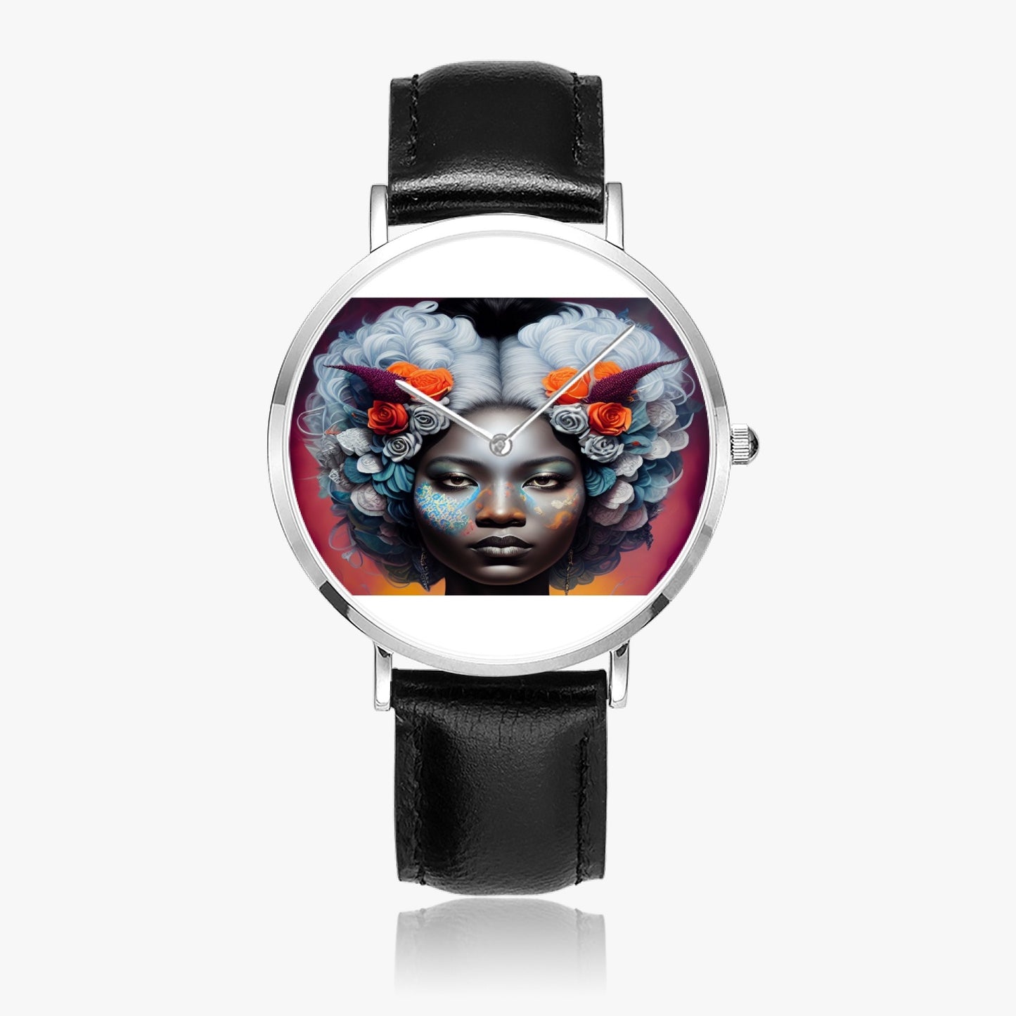 Black woman clock face Silver grey white hair inspiration Hot Selling Ultra-Thin Leather Strap Quartz Watch (Silver)