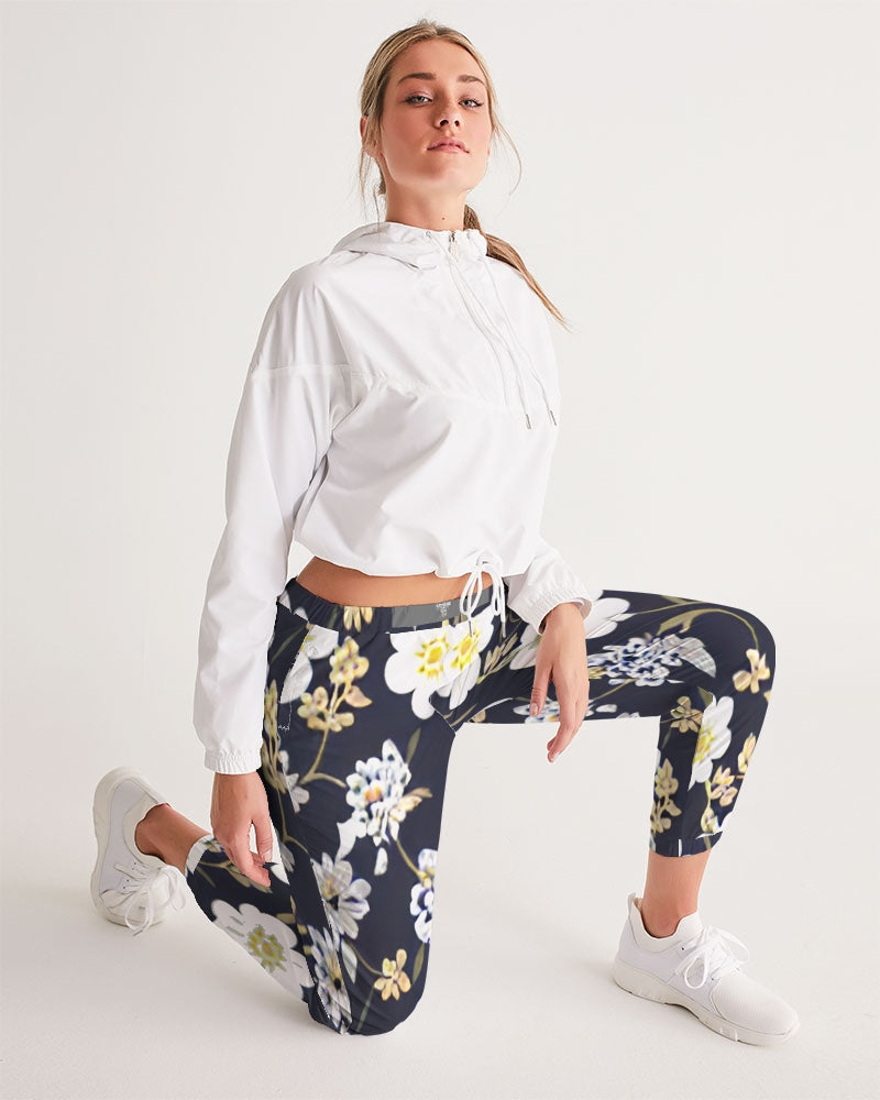 Pink flower black background Women's All-Over Print Track Pants