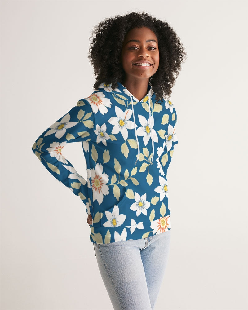 Dark blue background and white flower pattern Women's All-Over Print Hoodie