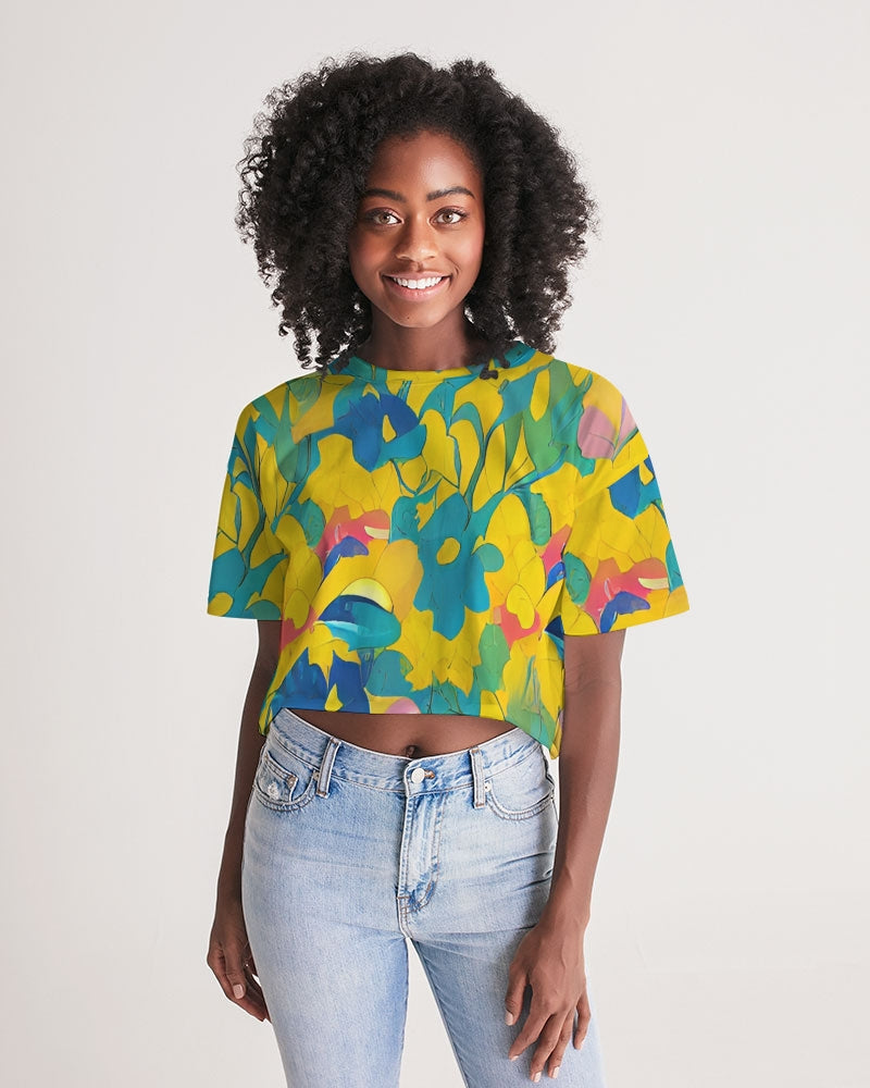 Beautiful yellow and blue hint of red pattern Women's Lounge Cropped Tee