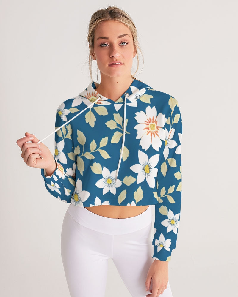 Dark blue background and white flower pattern Women's All-Over Print Cropped Hoodie