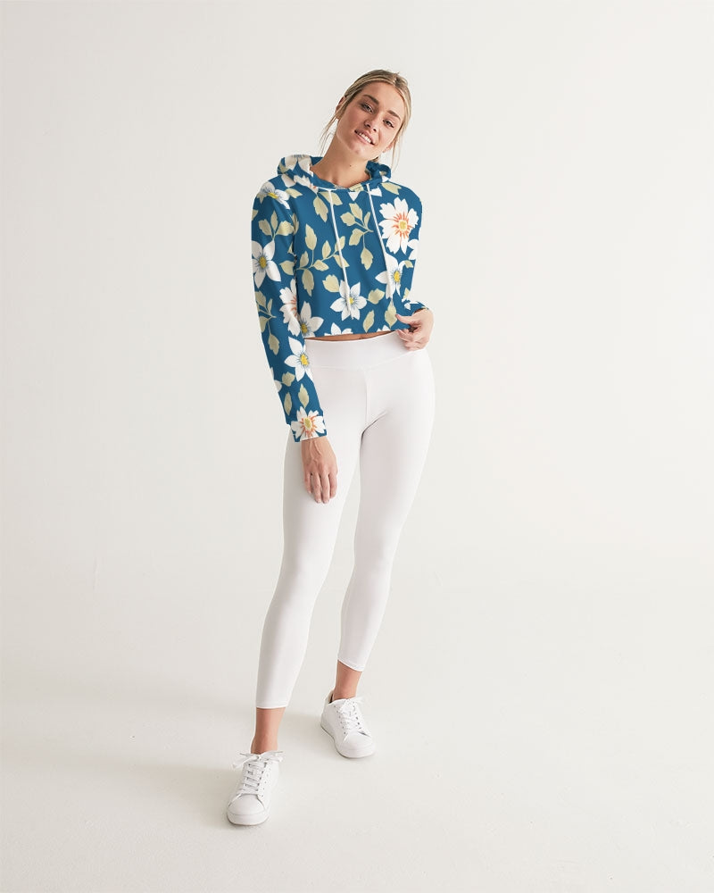 Dark blue background and white flower pattern Women's All-Over Print Cropped Hoodie