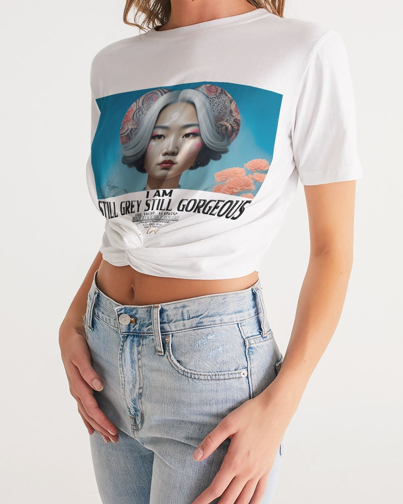 Promoting Asian women with silver grey Women's Twist-Front Cropped Tee