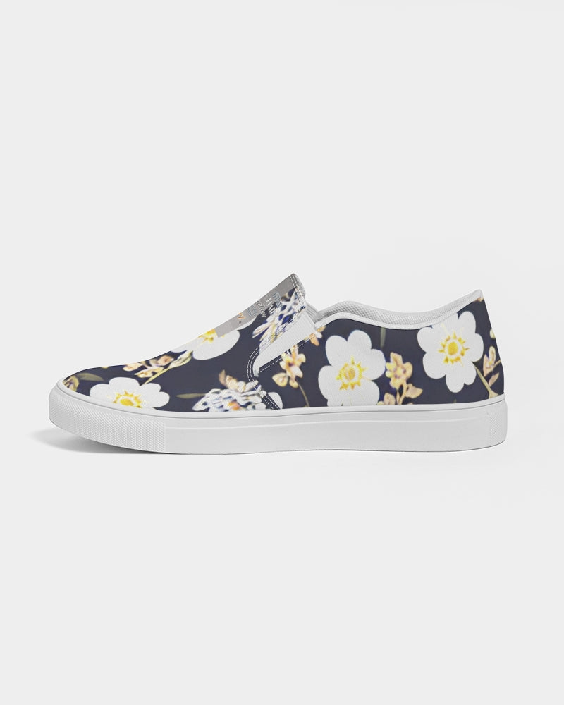 Pink flower black background Women's Slip-On Canvas Shoe