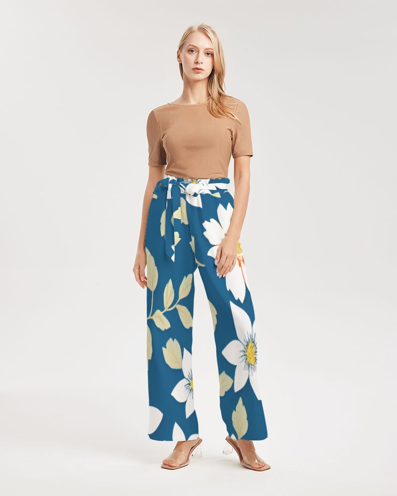 Dark blue background and white flower pattern Women's All-Over Print High-Rise Wide Leg Pants