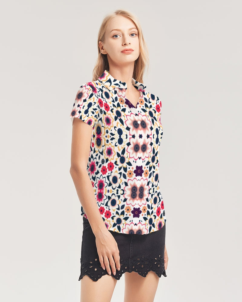 Abstract flower pattern Women's All-Over Print Short Sleeve Button Up