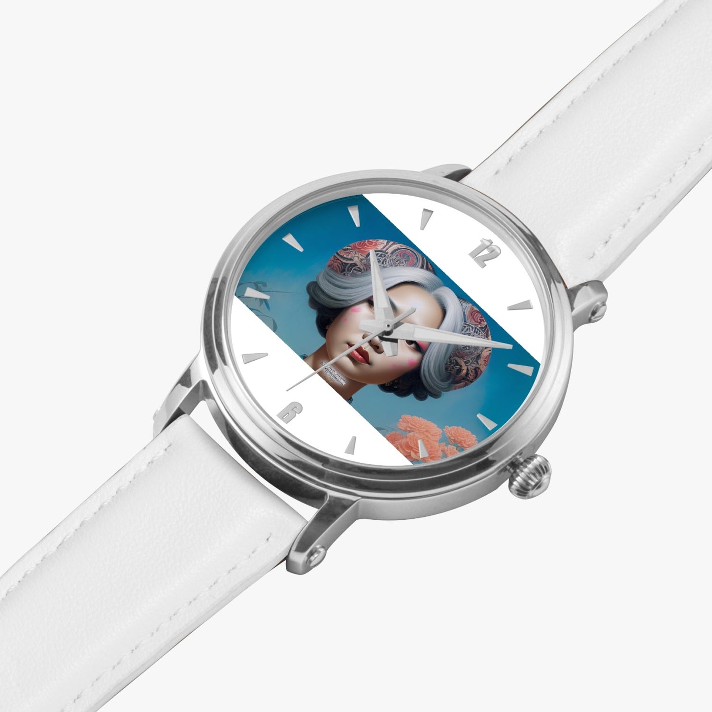 Asian woman clock face Silver grey white hair inspiration 46mm Unisex Automatic Watch (Silver)