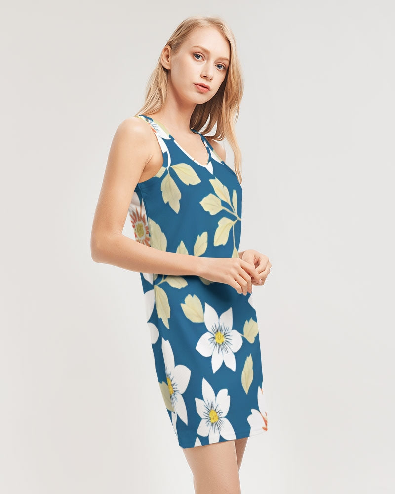 Dark blue background and white flower pattern Women's All-Over PrintRib Knit V Neck Mini Dress