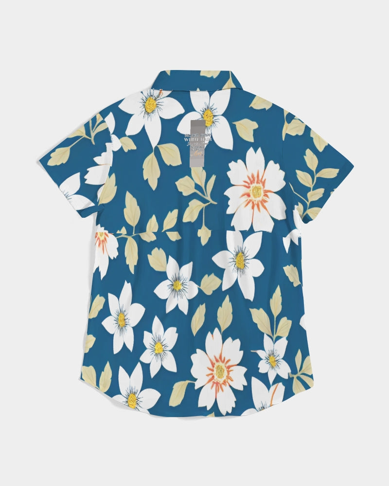 Dark blue background and white flower pattern Women's All-Over Print Short Sleeve Button Up