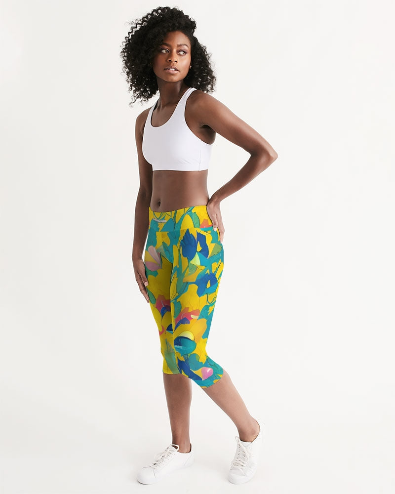 Beautiful yellow and blue hint of red pattern Women's Mid-Rise Capri