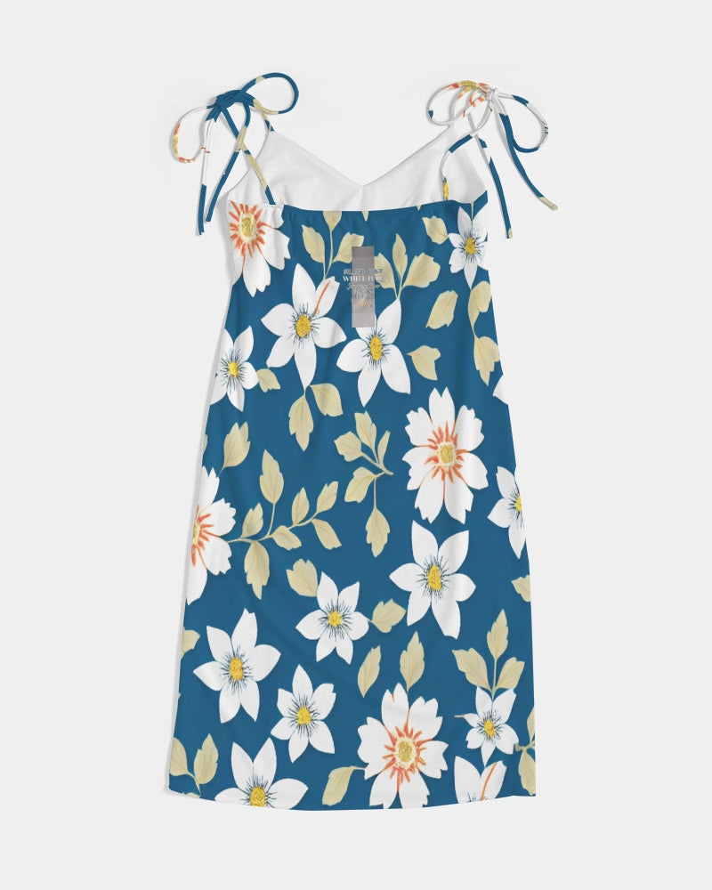 Dark blue background and white flower pattern Women's All-Over Print Tie Strap Split Dress