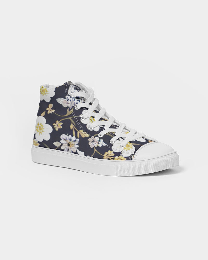 Pink flower black background Women's Hightop Canvas Shoe