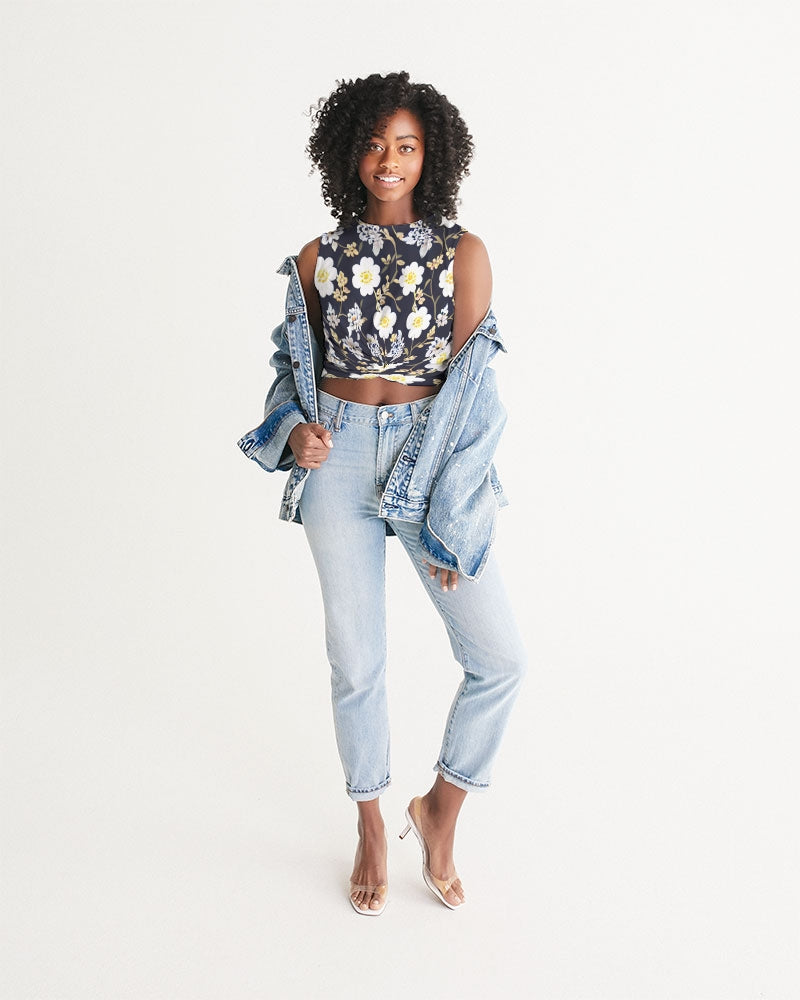 Pink flower black background Women's  All-Over Print Twist-Front Tank