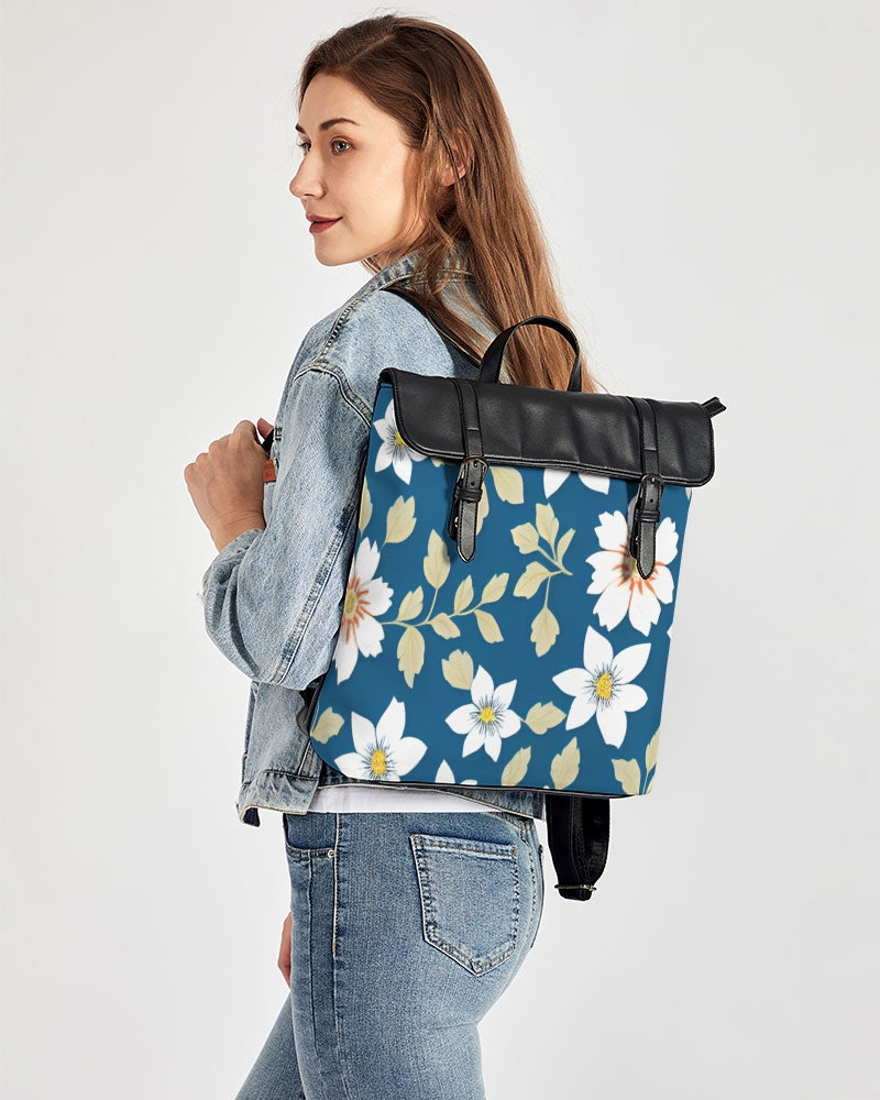 Dark blue background and white flower pattern Casual Flap Backpack