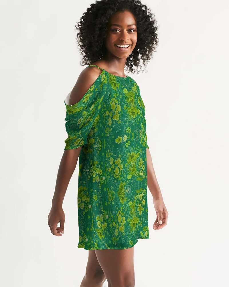 Green lush Repeat pattern Women's Open Shoulder A-Line Dress