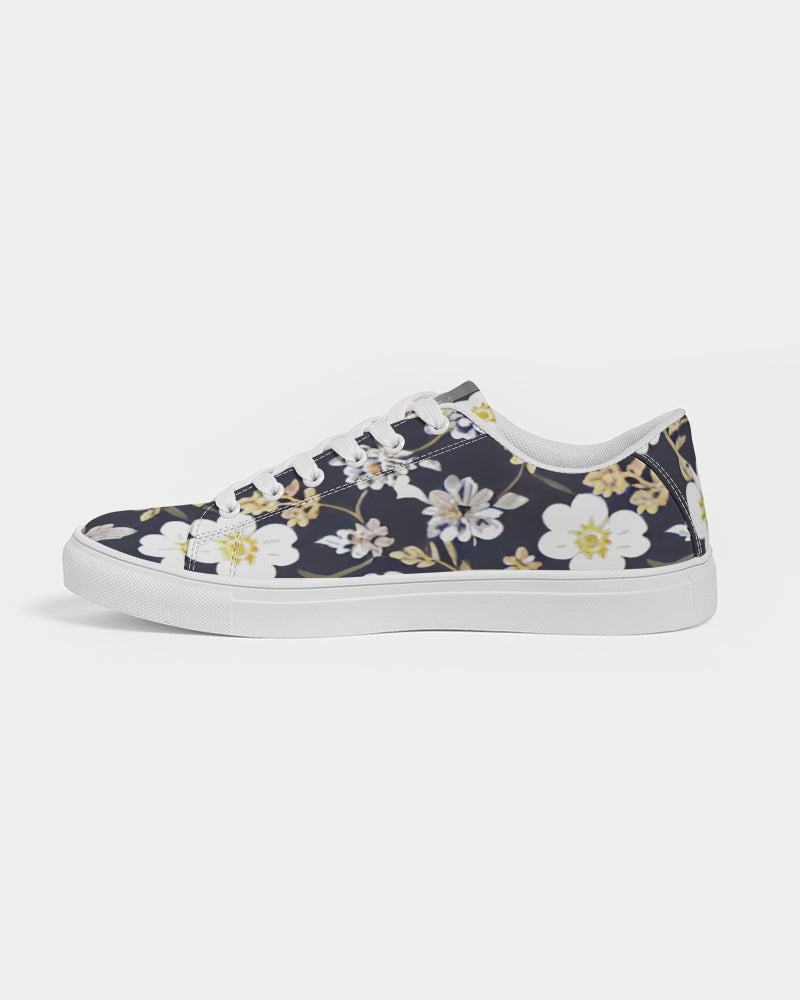 Pink flower black background Women's Faux-Leather Sneaker