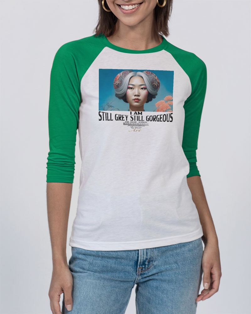 Promoting Asian women with silver grey Unisex Three-Quarter Sleeve Baseball Tee | Bella + Canvas